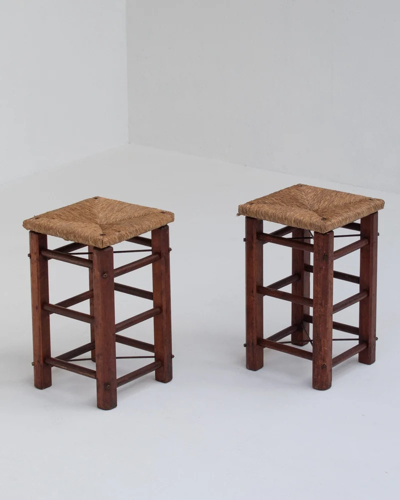 Pair of Rustic Wooden Stools with Woven Rush Seats