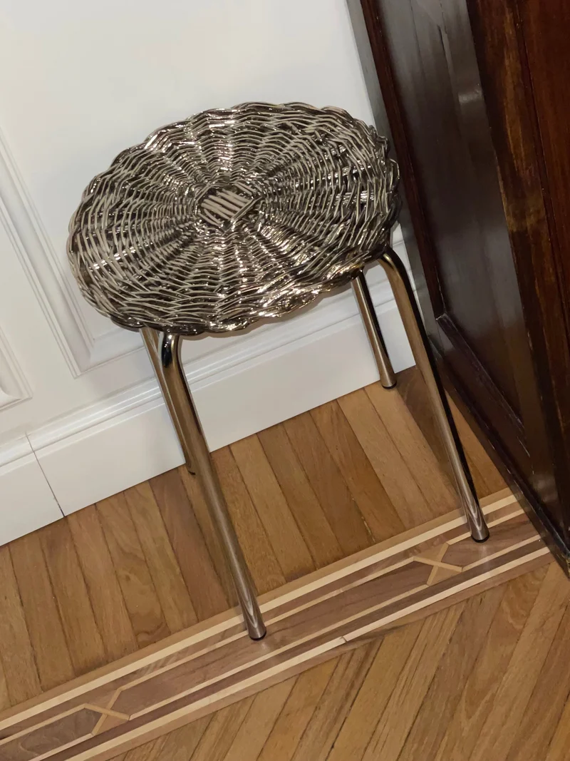 Woven Wicker Metal Plated Side Table in Chrome and Steel