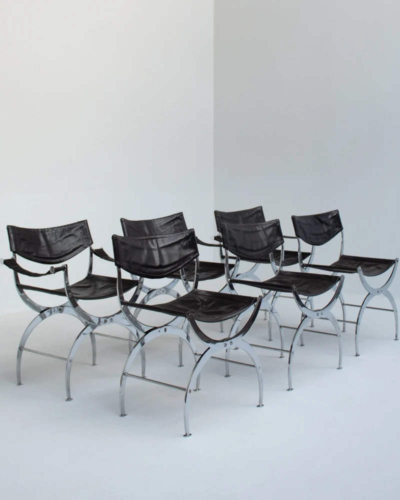 Set of 6 Italian Chrome Dining Chairs with Leather Seating