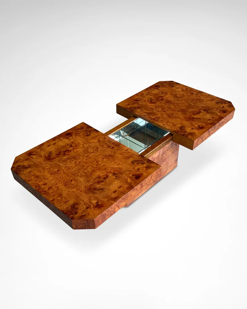 Burl wood coffee table with bar by Maison Lancel France 1980s