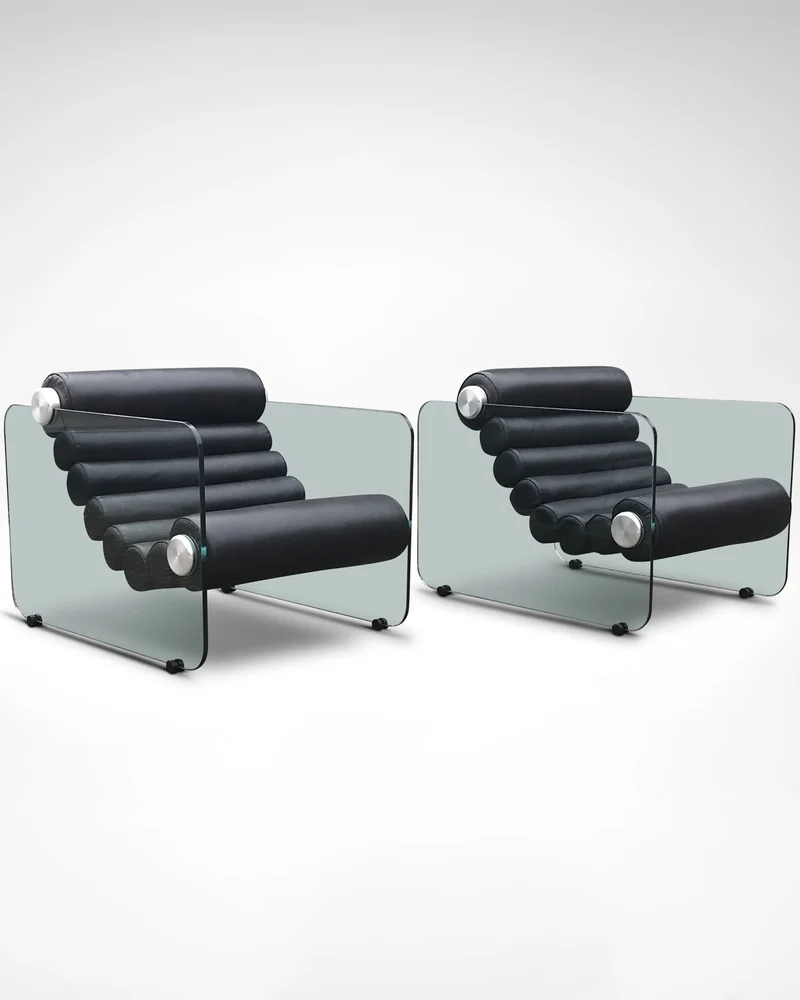 Hyaline leather and glass armchair by Fabio Lenci for Comfortline Italy 1960s, set of 2