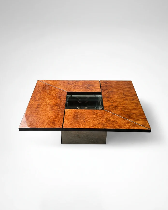 Burl wood coffee table with bar by Paul Michel for Roche Bobois 1980s