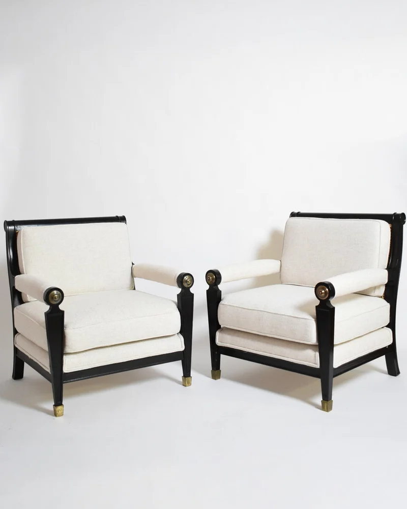 Pair of neoclassical ebonised wood and caning armchairs, 1960s