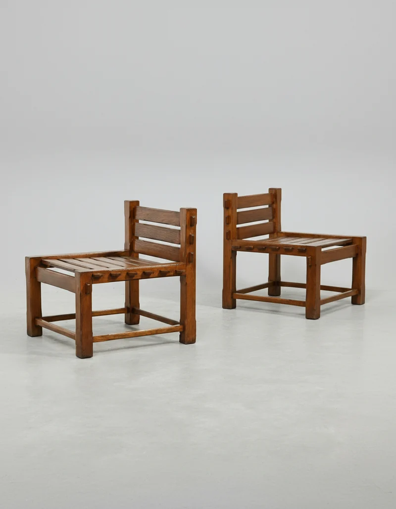 Pair of 1970s Brutalist Solid Oak Side Chairs