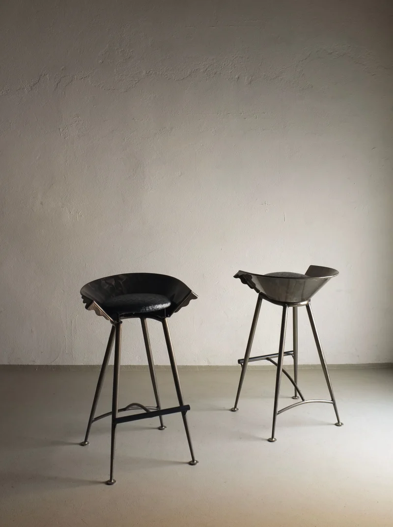 Set of 2 Brutalist Cast Metal Bar Stools 1980s
