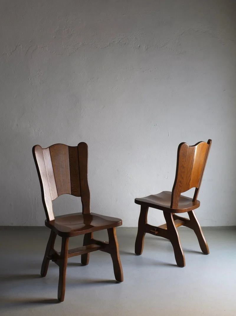 2 Brutalist Solid Oak Chair 1970s