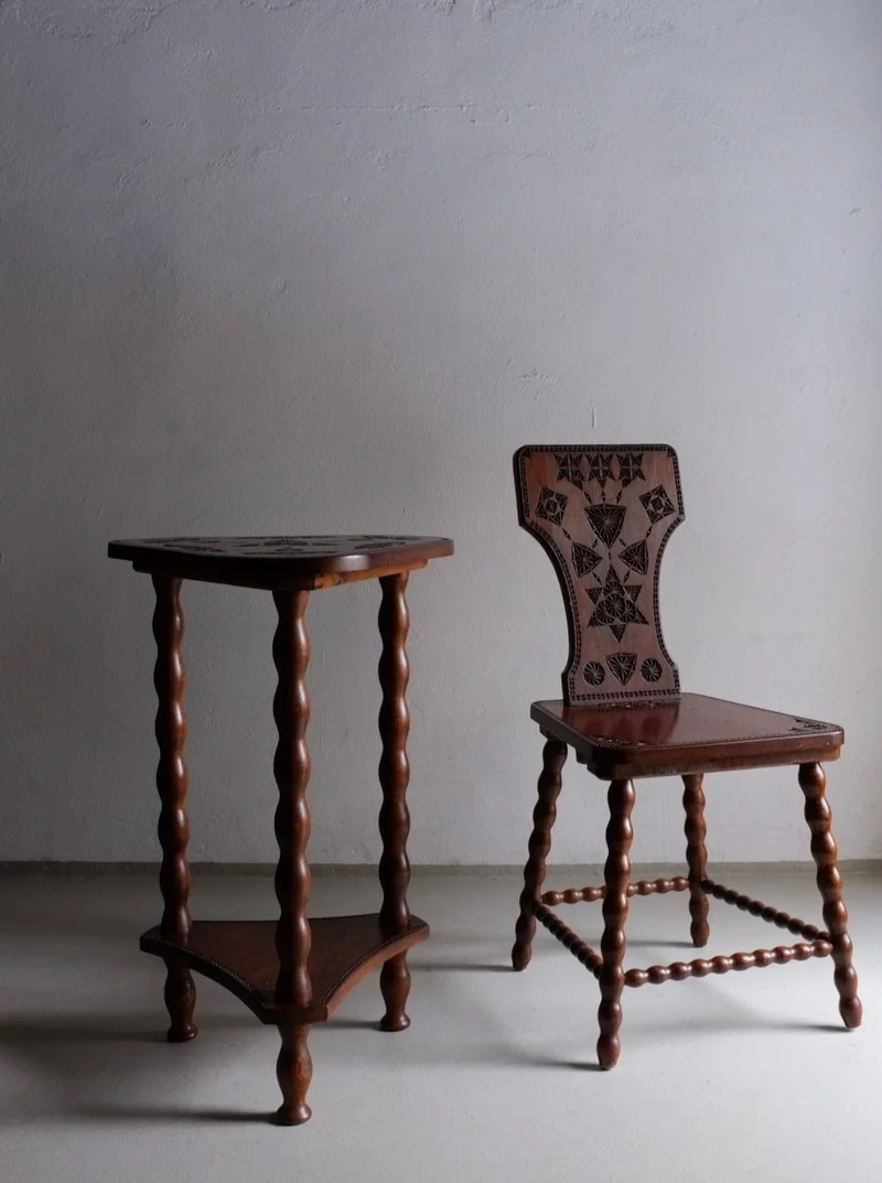 Carved Wood Bobbin Chair and Table Set | Sweden | 1960s