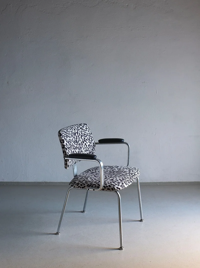 Minimalist Animal Print Chrome Desk Arm Chair | Sweden | 1960s