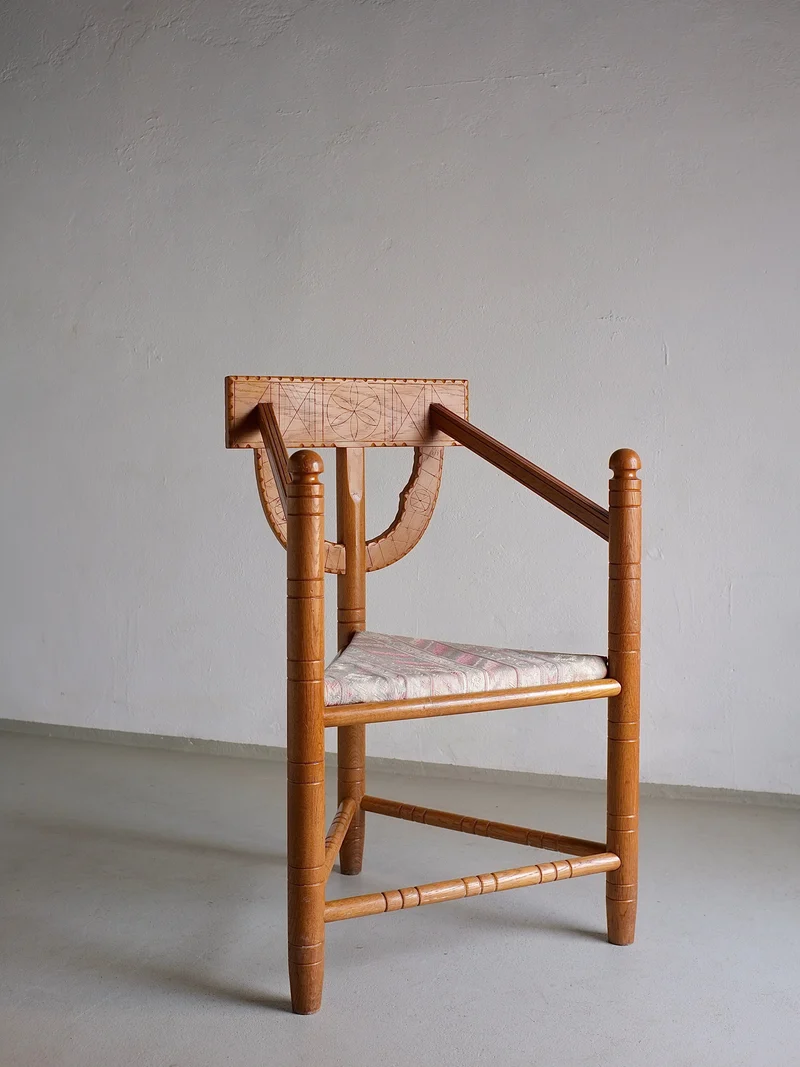 Rustic Carved Oak Corner Chair | Sweden | 1950s