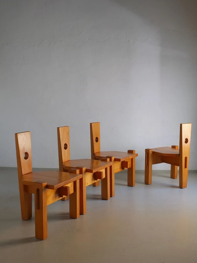4 Sculptural Pine Chairs by Erwin Egel 1960s