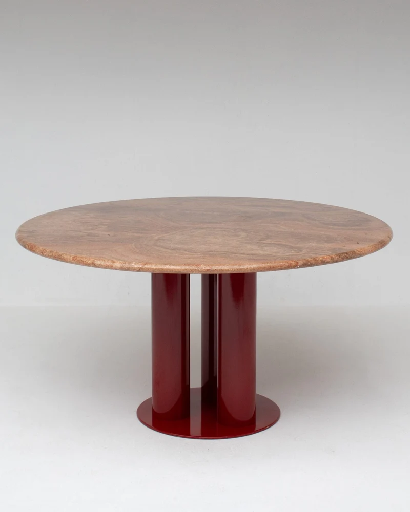 Round Marble Dining Table with Burgundy Lacquered Base