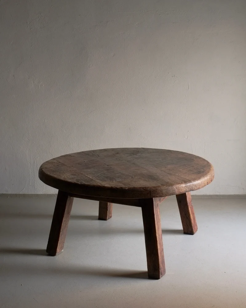 Brutalist Oak Round Coffee Table | Belgium | 1950s