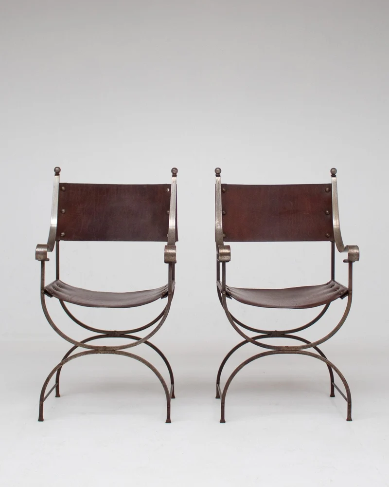 French pair of Iron Curule Chairs in Leather