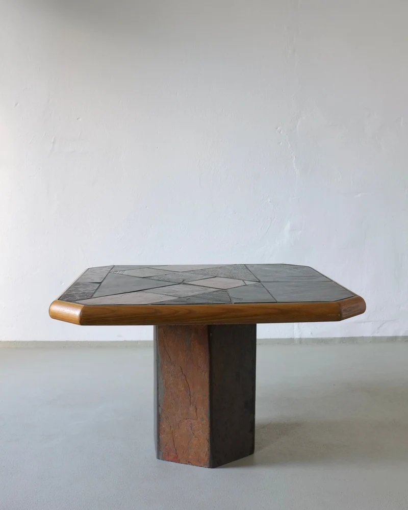 Brutalist Stone Oak Square Coffee Table | 1970s
