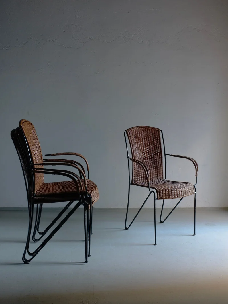 4 Frederick Weinberg Wicker Iron Armchairs, 1960s
