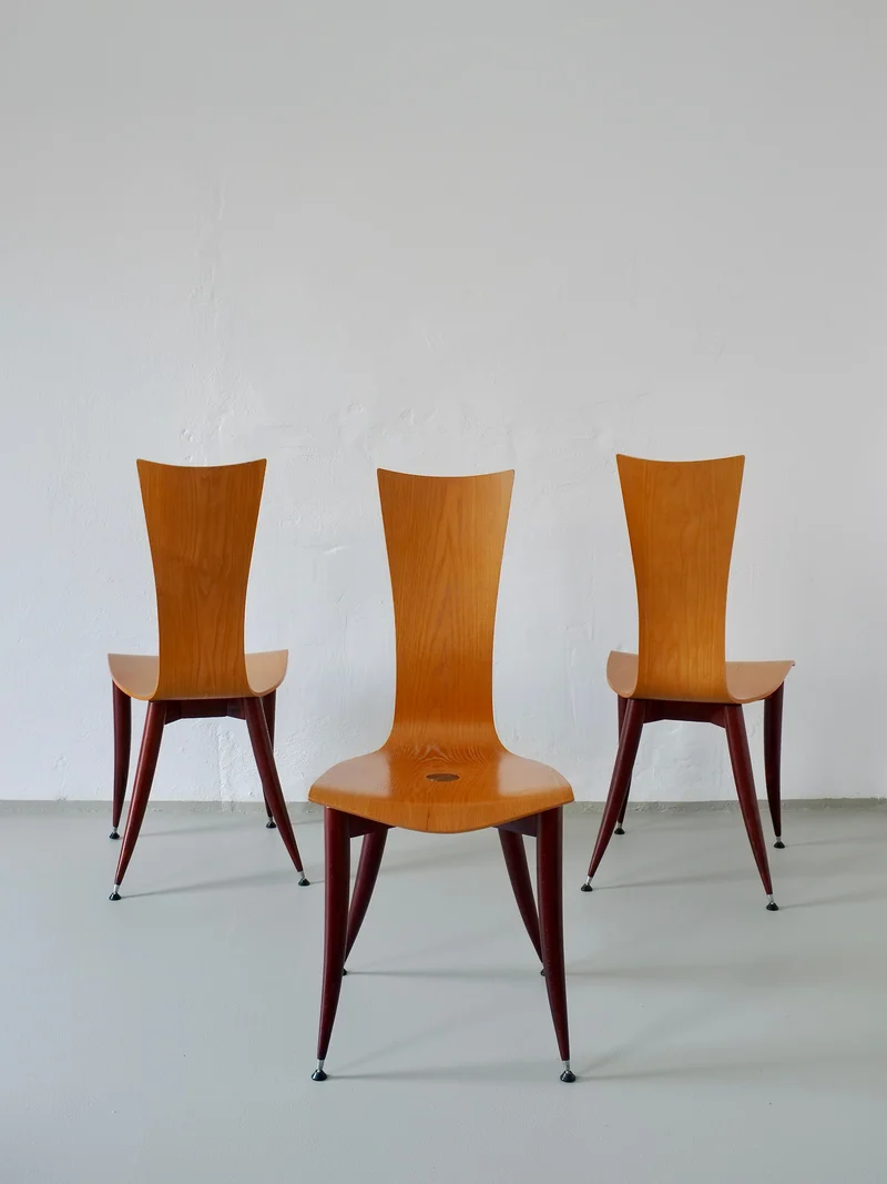 Set of 3 Plywood Burgundy Legs Chairs, Italy 1980s
