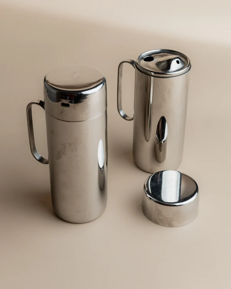 Vintage 1980s Oil and Vinegar Set, Stainless Steel with Two Lidded Jugs, Design Italy