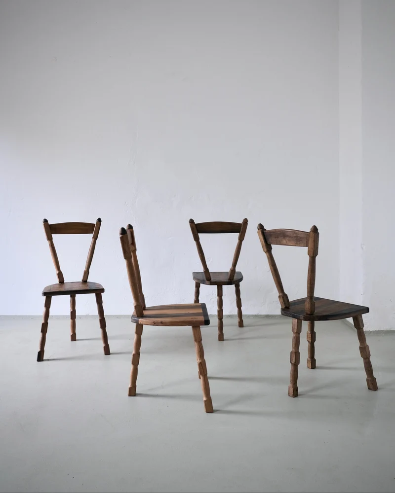 4 Brutalist Sculptural Tripod Dining Chairs | 1970s
