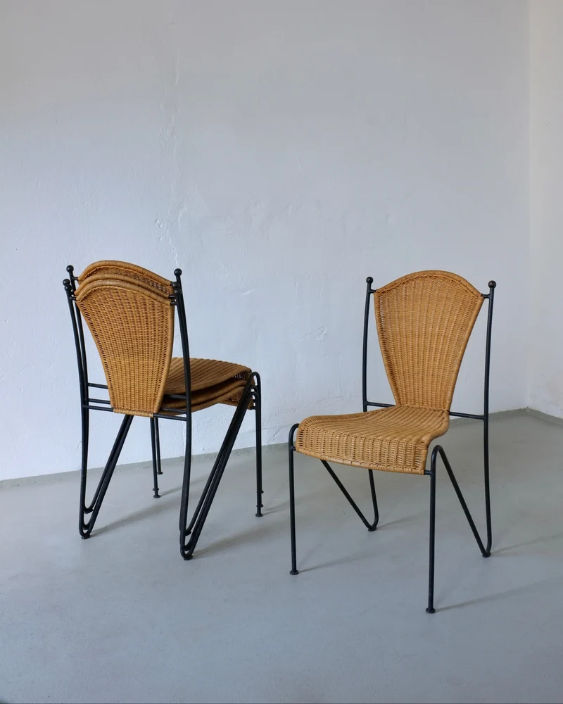 4 Frederick Weinberg Wicker Iron Chairs | 1960s