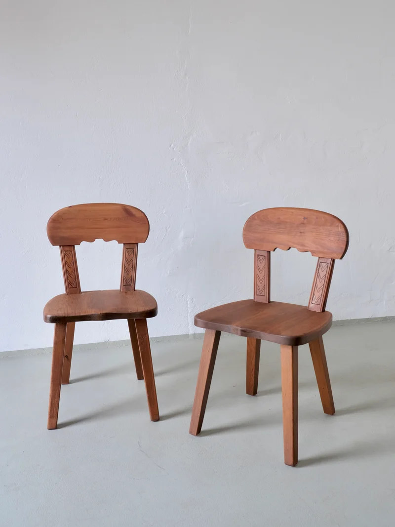 2 Rustic Carved Stained Pine Chairs | Sweden | 1940s