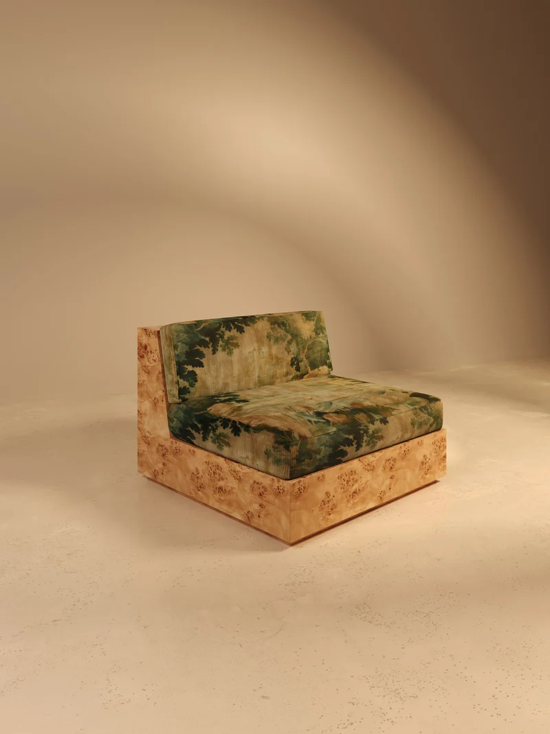 KAVA Collection II SOFA – Maple Burl Finish, Pierre Frey Upholstery