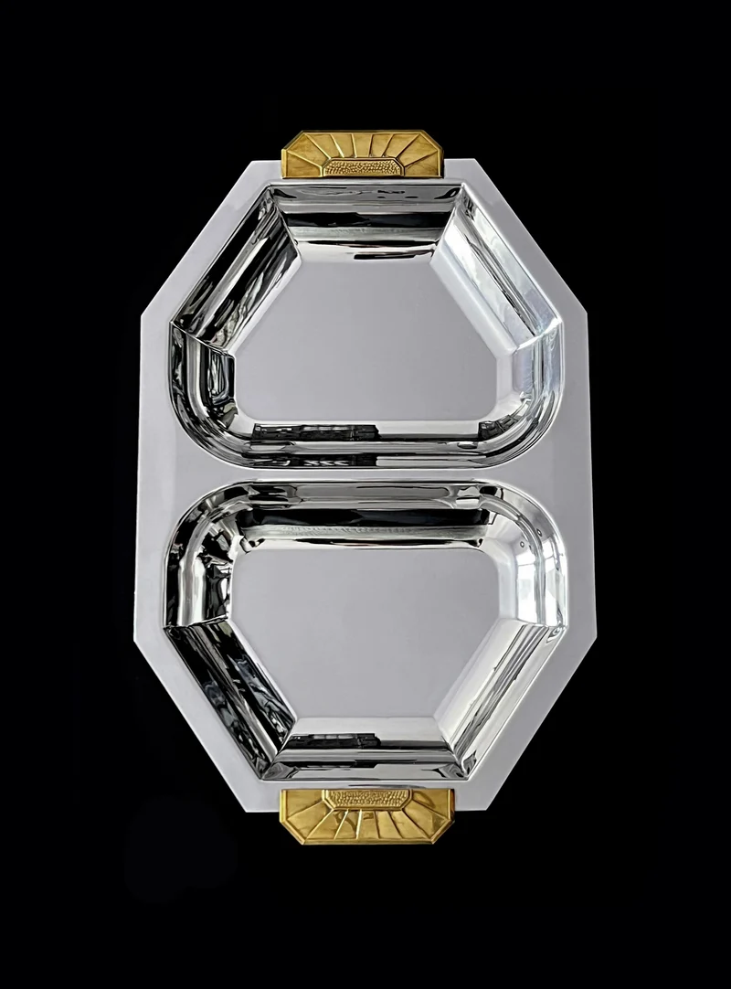 Vintage divided vegetable dish in stainless steel and brass