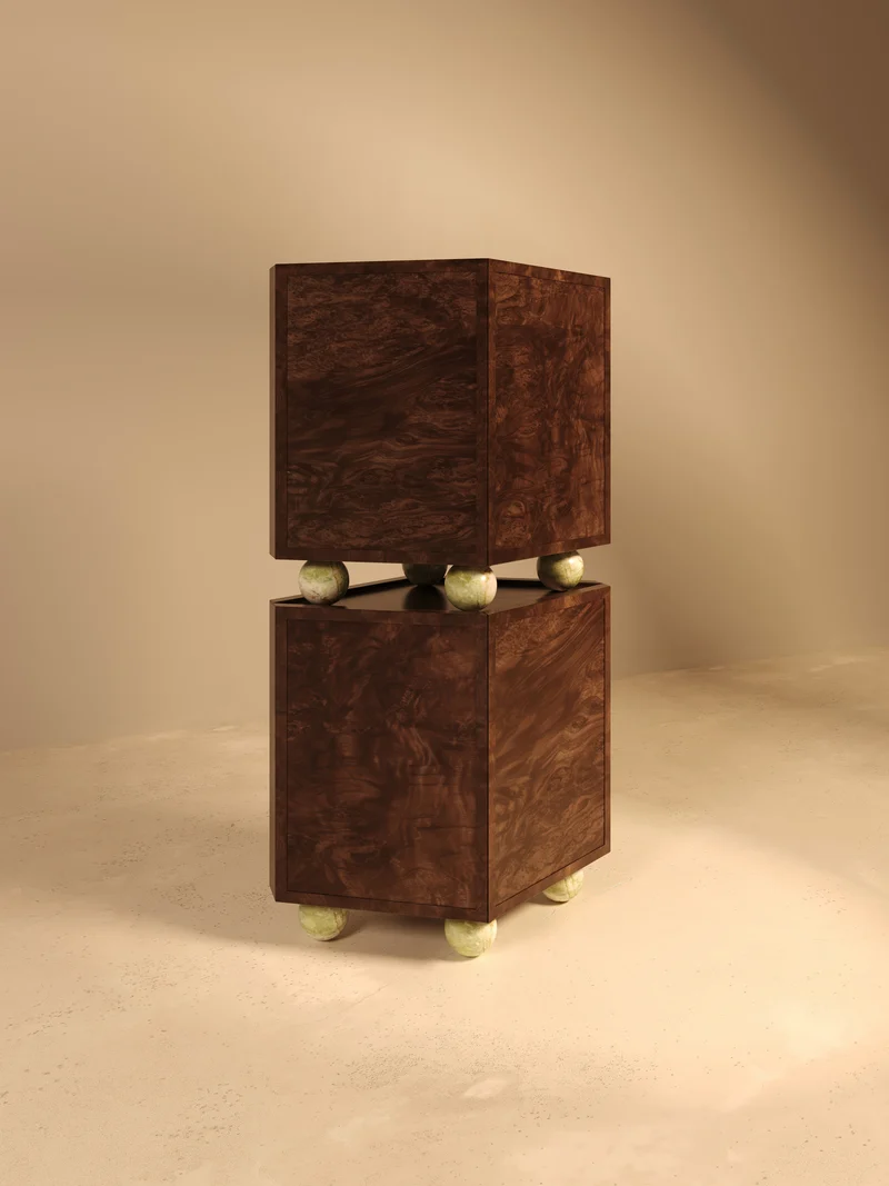 ORO I – Walnut Burl Veneer Cabinet with Onyx Spheres
