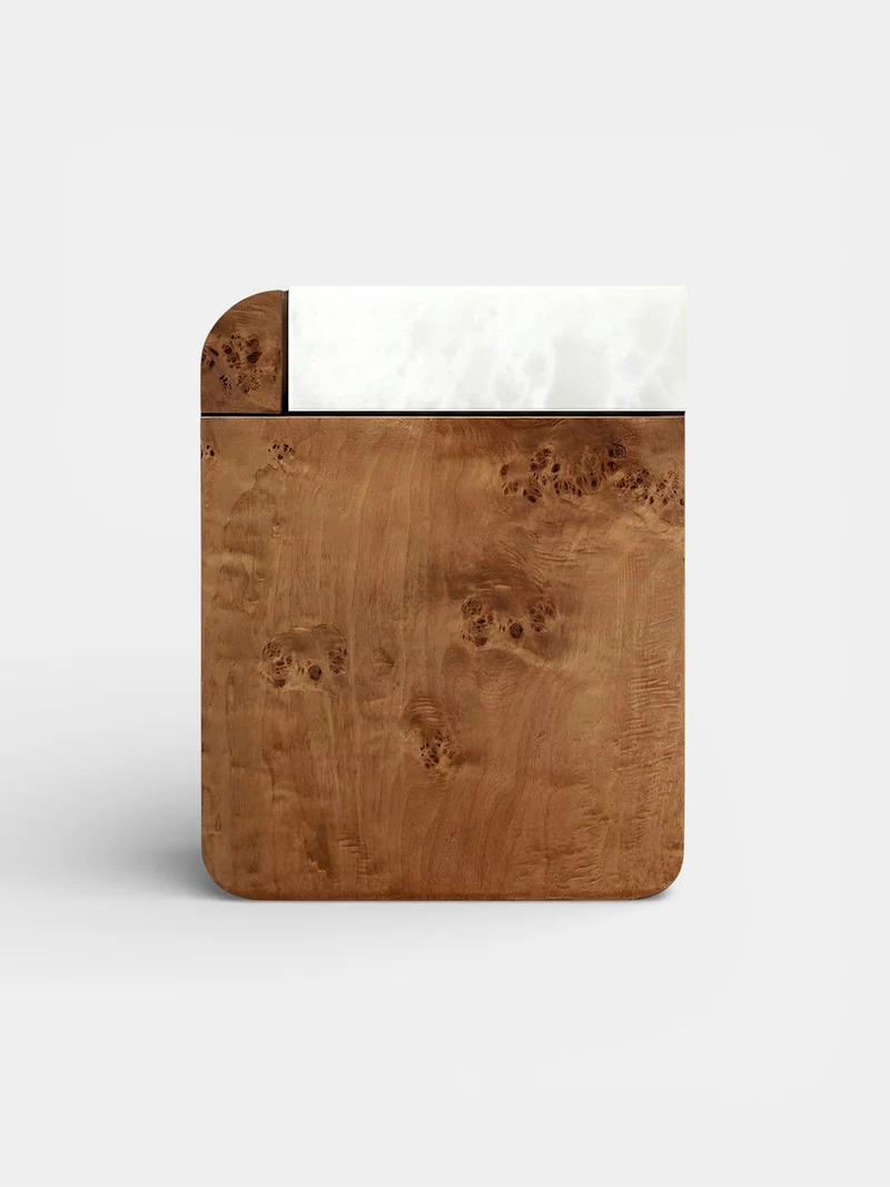 "Amo" Burl Wood and White Onyx Side Table