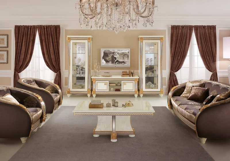 Meuble TV avec vitrines blanc laqué et doré - Liberty