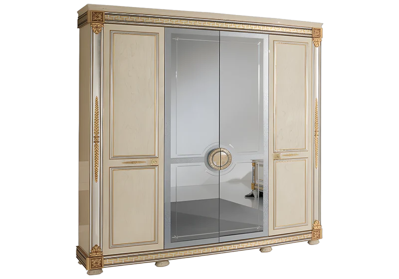 Armoire 4 portes blanc laqué et doré avec miroirs - Liberty