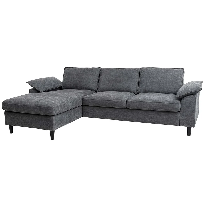 Canapé d’angle méridienne réversible à gauche ou à droite avec 3 coussins tissu gris foncé et bois de peuplier 04_0009294