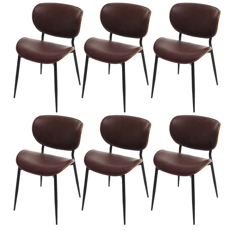 Lot de 6 chaises de salle à manger assise rembourrée formes arrondies et protections réglables similicuir marron vintage acier et bois courbé aspect noyer 04_0009495