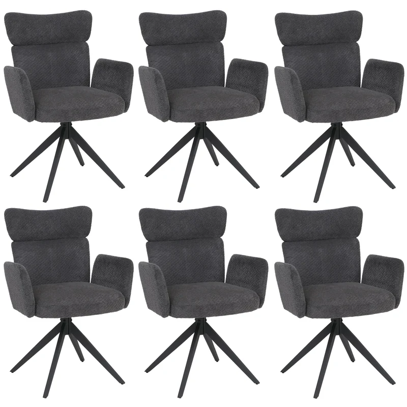 Lot de 6 chaises de salle à manger pivotantes à 180° avec retour automatique et accoudoirs tissu bouclé gris foncé et fer 04_0008815