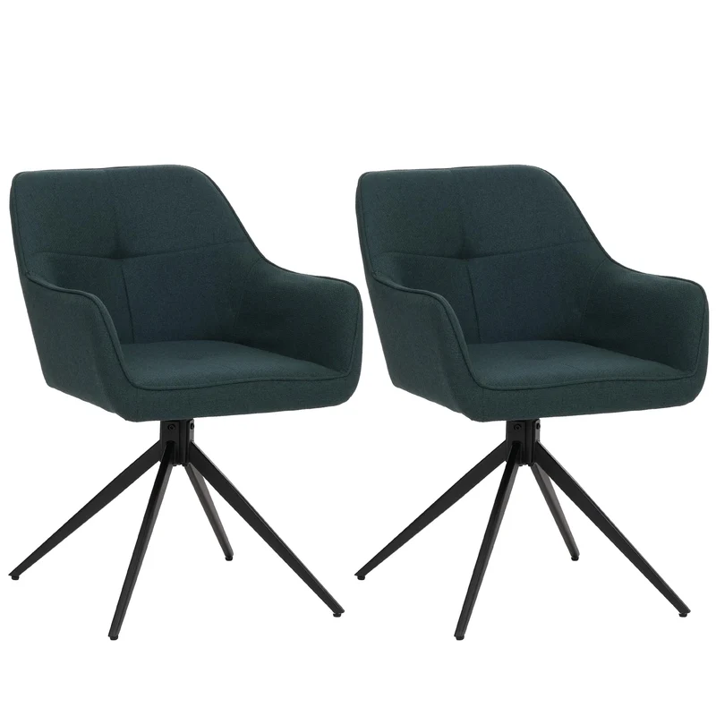 Lot de 2 chaises de salle à manger pivotantes à 180° avec retour automatique accoudoirs et tissu vert pétrole bois de peuplier et fer 04_0009413