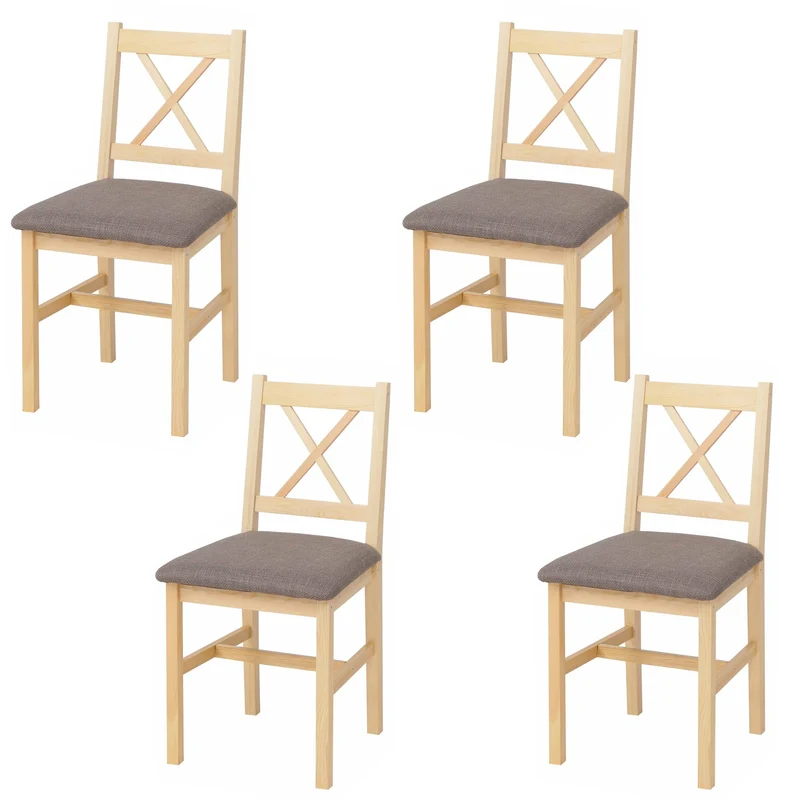 Lot de 4 chaises de salle à manger style maison de campagne assise rembourrée dossier bois massif et tissu gris 04_0009048