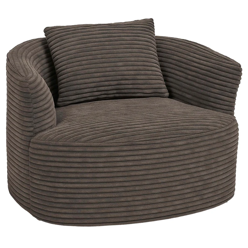 Fauteuil lounge relax avec coussin design arrondi et assise rembourrée tissu velours côtelé marron 04_0008970