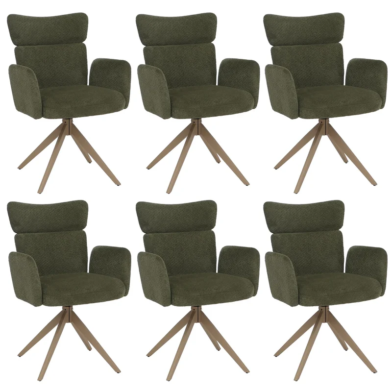 Lot de 6 chaises de salle à manger pivotantes à 180° avec retour automatique et accoudoirs tissu bouclé vert et fer aspect bois 04_0008817