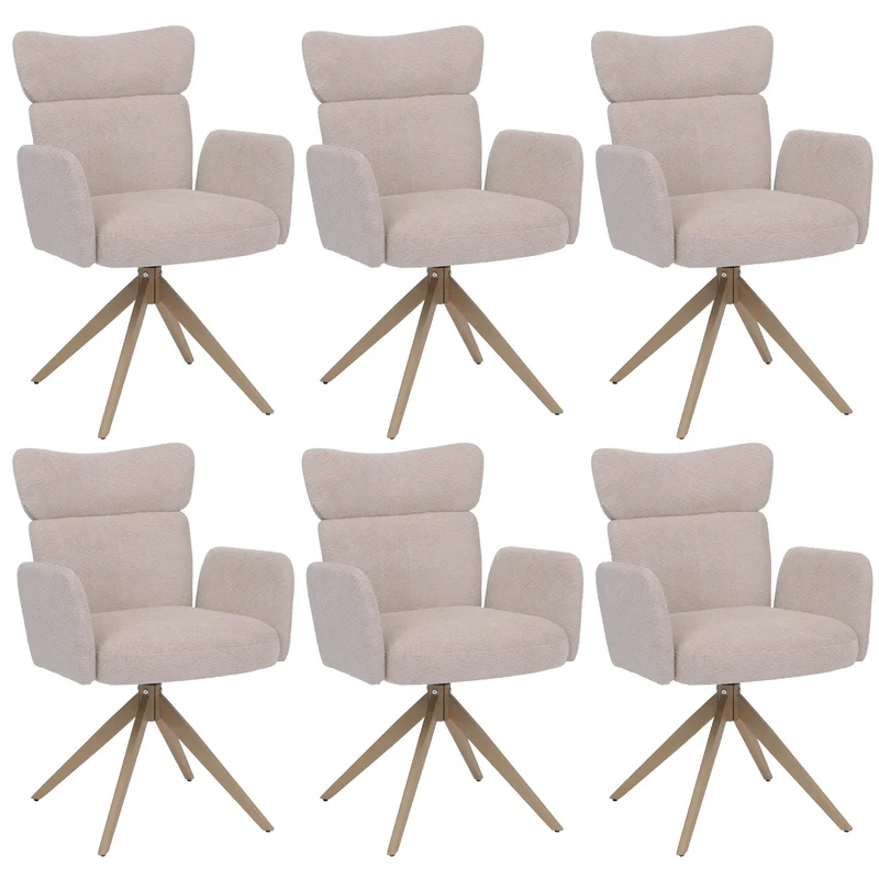 Lot de 6 chaises de salle à manger pivotantes à 180° avec retour automatique et accoudoirs tissu bouclé beige et fer aspect bois 04_0008818