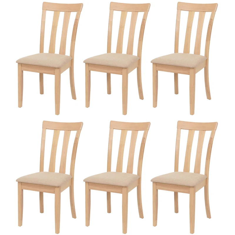 Lot de 6 chaises de salle à manger dossier haut assise rembourrée et protections de sol tissu beige et bois massif 04_0009066