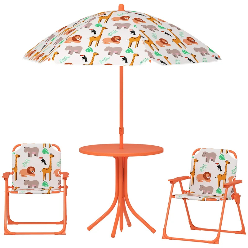 Salon de jardin enfant table 2 chaises pliantes parasol 100 x 122 x 50 cm ombre généreuse décoratif en plastique orange 21_0000745