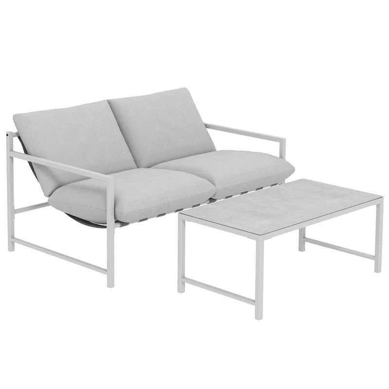 Salon de jardin 2 pièces canapé et table basse 125 x 80 x 64 cm coussins 20 cm confort contemporain en acier gris clair 21_0005771