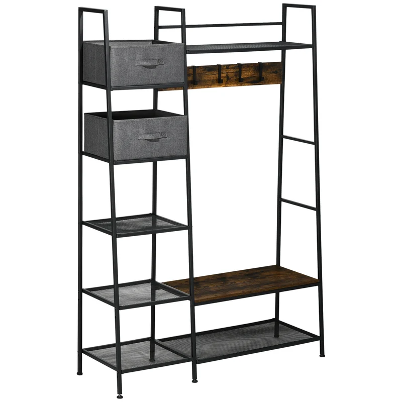 Portemanteau meuble d'entrée 125 x 43 x 185,5 cm banc assise rangement chaussures style industriel en acier brun rustique 21_0002639