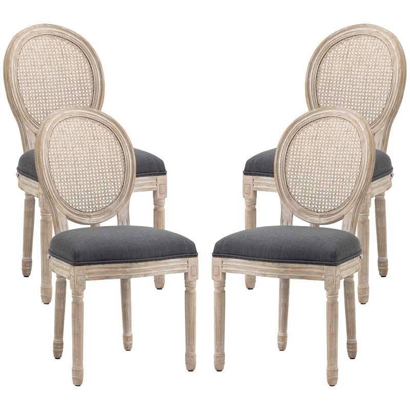 Lot de 4 chaises médaillon salle à manger 49 x 56 x 96 cm dossier cannage assise mousse haute densité en polyester gris 21_0002370