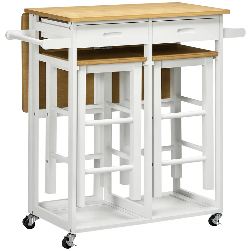 Ensemble table de bar pliable avec 2 tabourets 86 x 75.5 x 83.5 cm gain de place modulable contemporain en bambou blanc 21_0002327