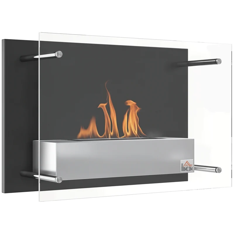 Cheminée bioéthanol murale encastrable 60 x 22 x 40 cm chauffage sans fumée sécurisé épuré en acier inoxydable noir 21_0001128