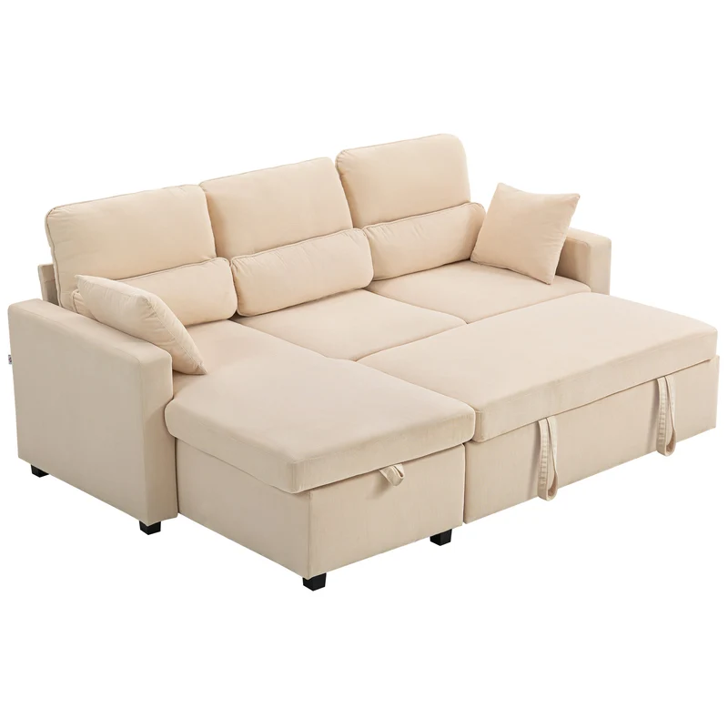 Canapé d'angle convertible 205 x 135 x 76 cm avec rangement caché et méridienne réversible épuré en velours côtelé beige 21_0003600