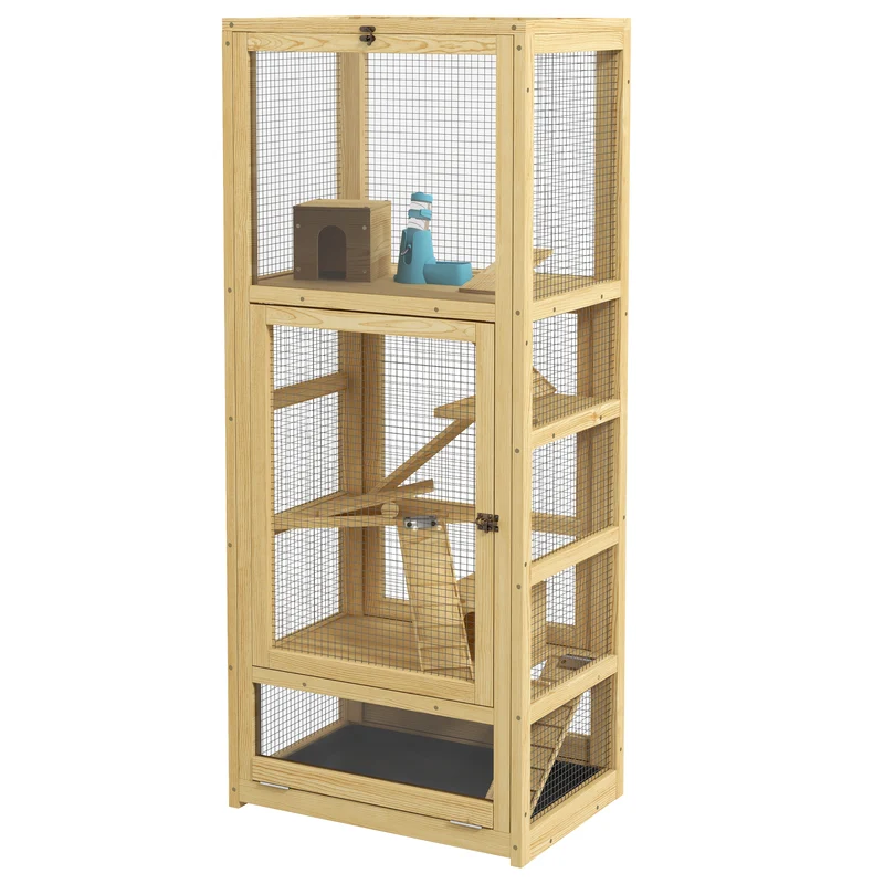 Cage pour hamsters et rongeurs 54 x 38 x 131 cm 5 niveaux plateau amovible salon et chambre rustique en bois naturel 21_0007984
