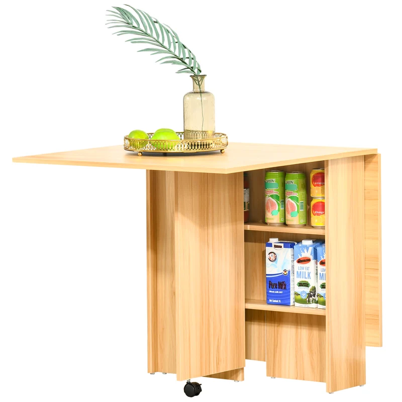 Table pliante cuisine 140 x 80 x 74 cm gain de place à roulettes freinées moderne en panneaux de particules bois naturel 21_0001723