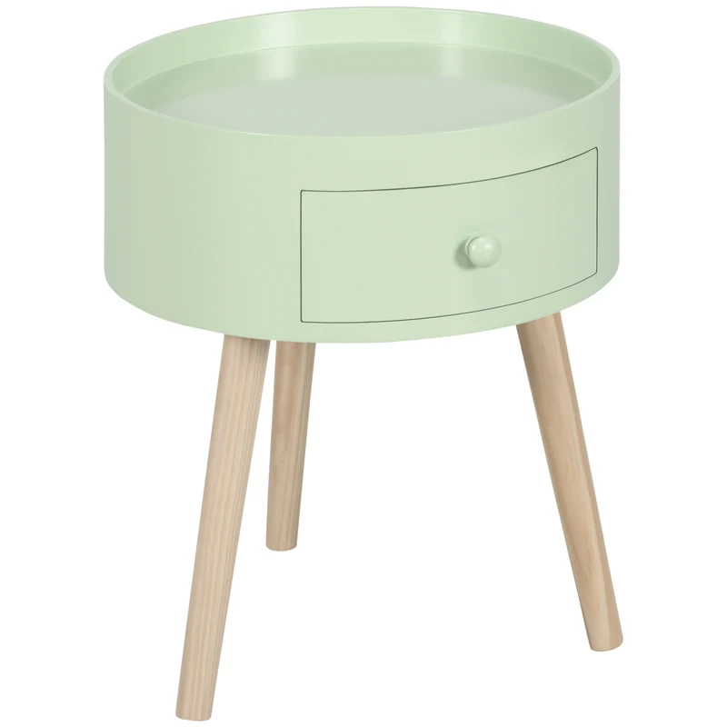 Table de chevet ronde 38 x 38 x 45 cm tiroir de rangement pratique bordé montage facile scandinave épuré en MDF vert 21_0001714