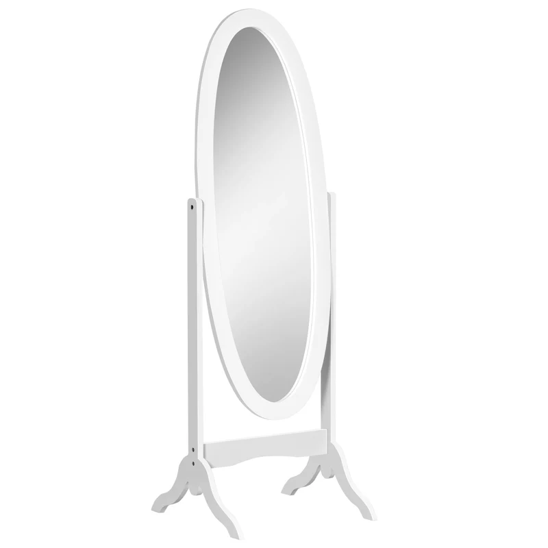 Miroir sur pied ovale 48 x 46 x 147 cm inclinaison réglable 90° 110° base robuste vintage chambre couloir en MDF blanc 21_0001496